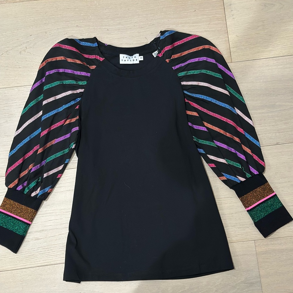 Black Top with Colorful Striped Sleeves